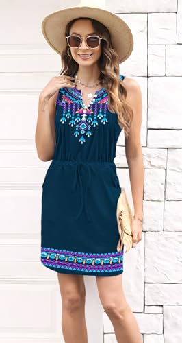 Image of Womens Summer Casual Dresses Drawstring Waist Short Dress with Pockets | Sleeveless Casual Dress,ETCYY Vacation Beach Dress,Striped Sundress,Boho Floral,Mini Dresses,Sexy Sundress,Resort Wear