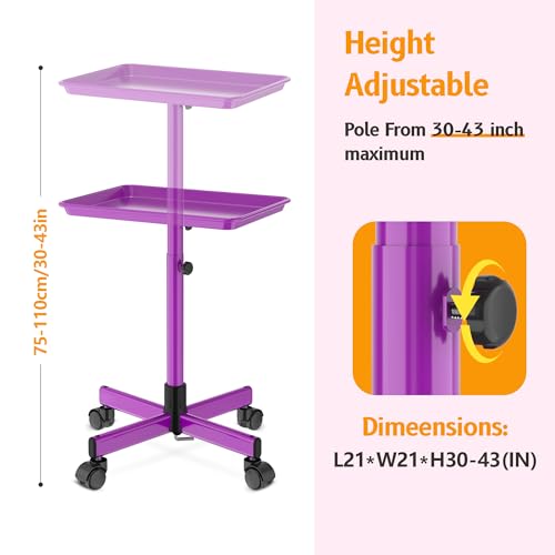 DEER BEAUTY Salon Tray on Wheels - Premium Aluminum Tattoo Tray Rolling Trolley - Adjustable Salon Service Rolling Tray Hairdresser Cart with Clinic Spa Rolling Tray Wheels (Purple) - Thumbnail 2