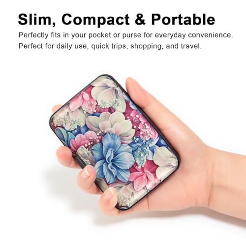 Image of Credit Card Holder Small RFID Blocking Wallet Business Metal Slim Mini Aluminum Hard Case for Women Men Gift, Pink Hydrangea Flowers, small, Minimalist, Compact, American