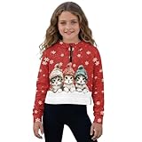 Xoenoiee Sudadera de media cremallera para niñas, manga larga, sin botones, ombliguera con bolsillo, sudadera con capucha para niños, ropa de otoño e invierno, 5-14, Gatos con temática navideña, 5-6
