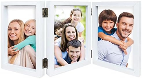 LAZYKITTY 3 Picture Frame 4x6 White - Reinforced MDF, Real Glass Faces, Stainless Steel Hinged, Multi-angle Foldable, Standing on Tabletops