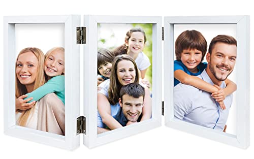 Lazykitty 3 Picture Frame 4X6 White - Reinforced Mdf, Real Glass Faces, Stainless Steel Hinged, Multi-Angle Foldable, Standing On Tabletops #TOP3