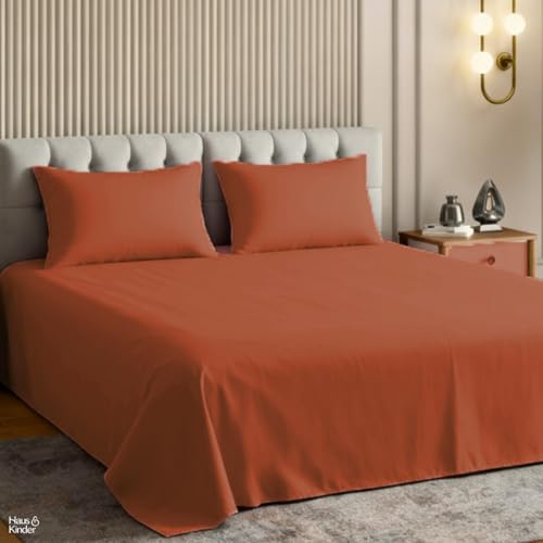 Image of haus & kinder Bedsheet King Size, 300 TC Cotton Sateen Weave, Flat Bedsheet for King Size Bed, Silky Smooth (Rust Orange, 108x108)