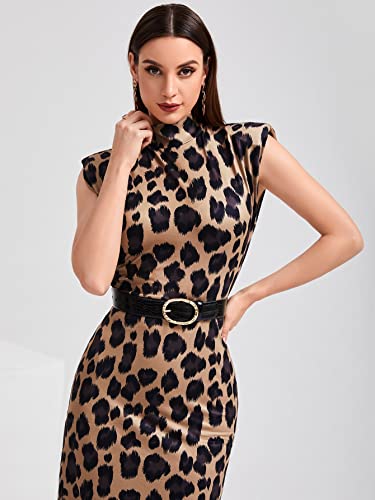 Wdirara Women's Houndstooth Mock Neck Sleeveless Shoulder Pads Bodycon Dress Multicolored Leopard L #TOP2
