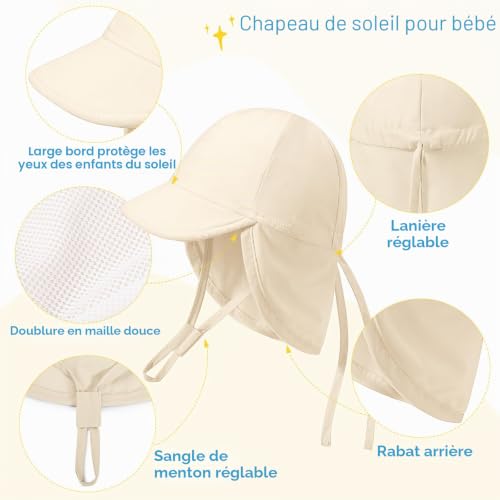 Xnova Bébé Enfant Chapeau De Soleil UPF 50+ avec Protection du Cou, Casquette de Visière Respirant Séchage Rapide avec Large Bord, Bonnet Bob de Bain Plage pour Fille Garçon (Beige, L) – vue 2