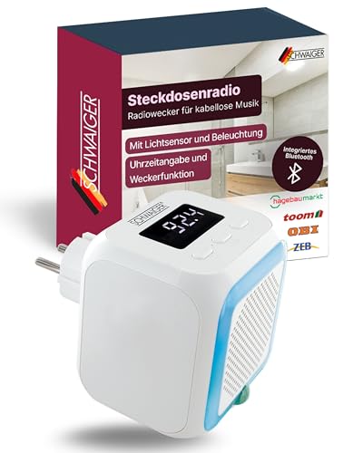 SCHWAIGER Steckdosenradio I Radiowecker für kabellose Musik I mit Lichtsensor & Beleuchtung I UKW-Radio mit Bluetooth 5.2 I Uhrzeitangabe & Weckerfunktion I für Badezimmer, Küche & Schlafzimmer