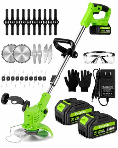 21V Cordless Weed Wacker with Wheels 3 in 1 Battery Powered Weed Eater Lightweight Grass Trimmer with 5 Types Blade 2 x 4.0Ah Batteries & Charger Stringless Weed Trimmer for Yard and Garden