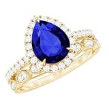 Certified Lab Grown Blue Sapphire Diamond Wedding Ring Set, AAAA Quality, Sapphire Diamond Bridal Ring Set - Ready To Gift, 14K Yellow Gold, Size:US 7.00