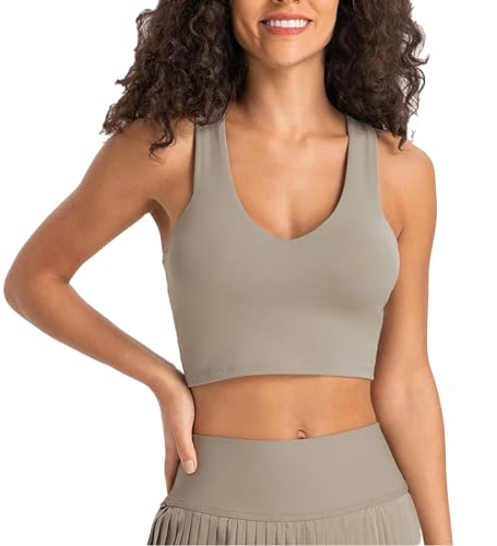 Shed Women's Advantage V Neck Sports Shirt - Medium Support, Padded Cups, Wire-Free Design for Running, Fitness, Gym, Tennis, Driftwood, X-Small