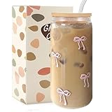 Mikopei Coquette Aesthetic Glass Cups with Lids and Straws - Pink Bow Iced Coffee Cup Decor, Cute Tumbler Smoothie with Cleaning Brush&Gift Box, Gifts for Girls Women Friends, 16 oz
