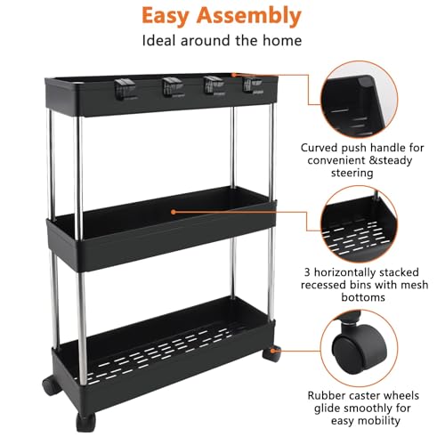 Foymlon Rollwagen mit 3 Ebenen,Metall Küchenwagen, Aufbewahrungswagen, Küchenregal mit 360° Drehbare Räder für Arretierbar, Bad, Küche, Büro, Wohnzimmer