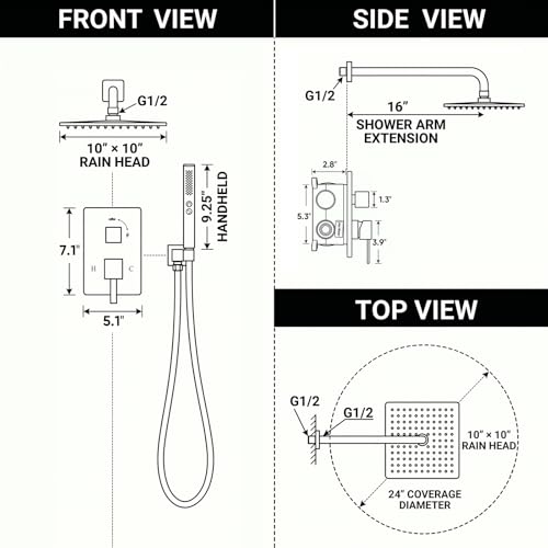 BESy Shower Faucet Set 10 Inch Rainfall Bathroom Shower System with 2 in 1 Handheld Sprayer, Rain Shower Head and Handle Set, Rough-in Valve and Shower Fixtures Trim Kit, Wall Mounted Matte Black by BESy - Used condition - Image 7