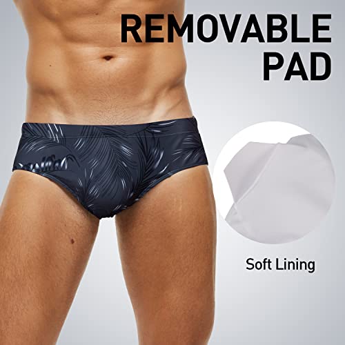 Arcweg Badehose Herren Badeslip Kurz Eng Jungen Schwimmhose Abnehmbares Pad Freizeit Kurze Badehose graue Blätter XXL(EU)