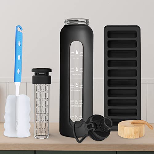 Sursip 32Oz Glass Water Bottle With Time Marker And 2 Lids-Spout Lid/Bamboo Lid，Reusable Motivational Glass Water Drinking Bottles With Silicone Sleeve/Ice Tray/Fruit Box，Leak Proof Bpa Free #TOP1