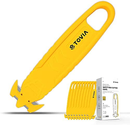 T TOVIA Film Slitter Safety Knife Box Cutter Knife, 10 pcs Yellow Safety Box Opener Utility Knife Cutter, Safety Package Opener of Stainless Steel Blade, for Carton, Shrink Wrap, Plastic Straps, Tape