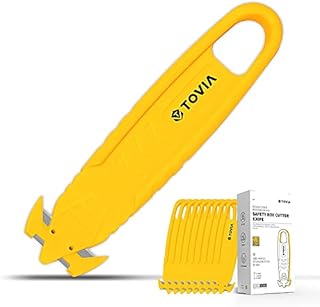 T TOVIA Film Slitter Safety Knife Box Cutter Knife, 10 pcs Yellow Safety Box Opener Utility Knife Cutter, Safety Package Opener of Stainless Steel Blade, for Carton, Shrink Wrap, Plastic Straps, Tape