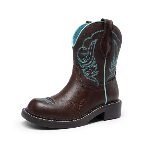 DREAM PAIRS Cowboy Cowgirl Boots for Women, Round Toe Embroidered Mid Calf Western Boots for Work, Country Concerts, Rodeos, Casual Outings,Size 9,Brown,DWUMMB2509