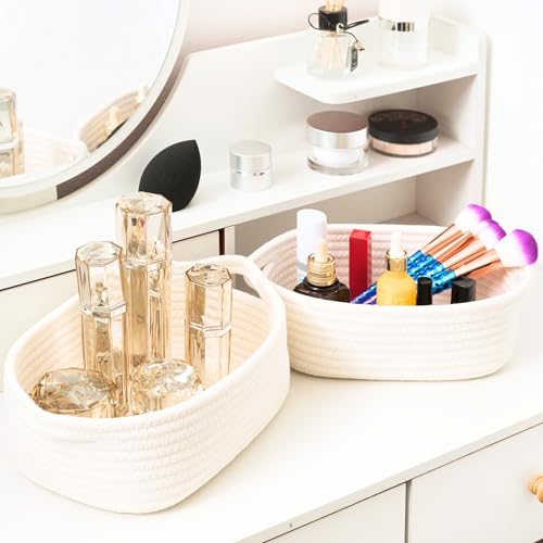 Image of MINTWOOD Design 5-Piece Small Decorative Woven Storage Baskets Set for Shelves, Bathroom, Pantry and Nightstand Organizer, Catch All Tray for Organizing Gifts, Dog and Cat Toys, Creamy White