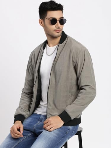Image of SHOWOFFFF Men Solid Bomber Jacket | Mandarin Collar Full Sleeves Corduroy Jacket for Mens | Slim Fit Regular Length Jacket for Men's