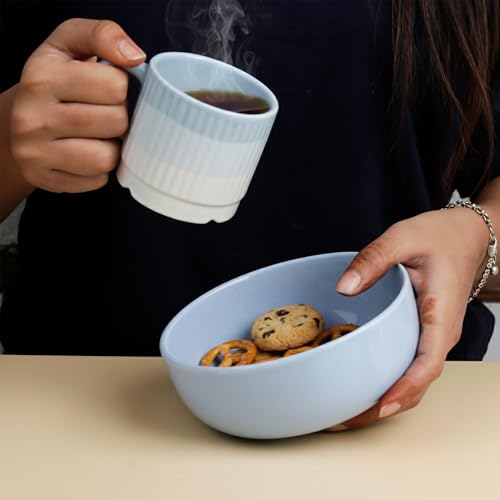 Image of The Earth Store Sky Blue Ceramic Snack Bowl & Tea Cup Combo | 2 Bowls + 6 Tea Cups(Fringe) | Microwave & Dishwasher Safe | Multipurpose Combo for Coffee, Snacking, Diwali Gifting