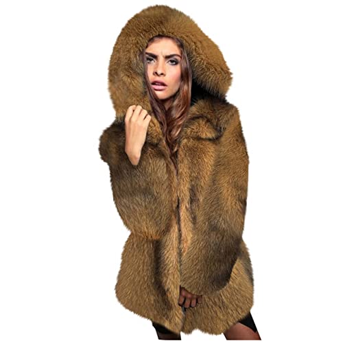 Faux Fur Overcoats For Women Thicken Warm Fuzzy Hooded Zip Up Cardigan Coat Winter Midi Parka Jacket Windproof Outwear #TOP17