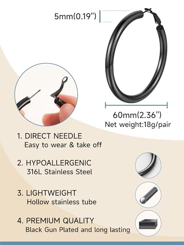 Image of Stainless Steel Chunky Hoop Earrings For Women, Minimalist and Chic, Black /Gold Plated, Round Hoops Earrings Hypoallergenic, Size: 30mm /40mm /60mm /80mm, Come with Box
