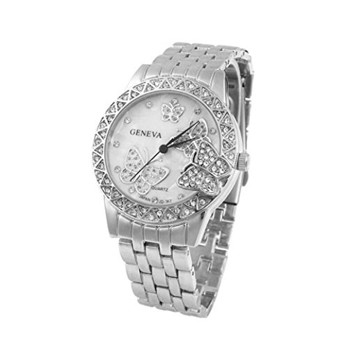 Outop Luxury Women's Classic Round Silver Tone Stainless Steel Butterfly Quartz Wrist Watches