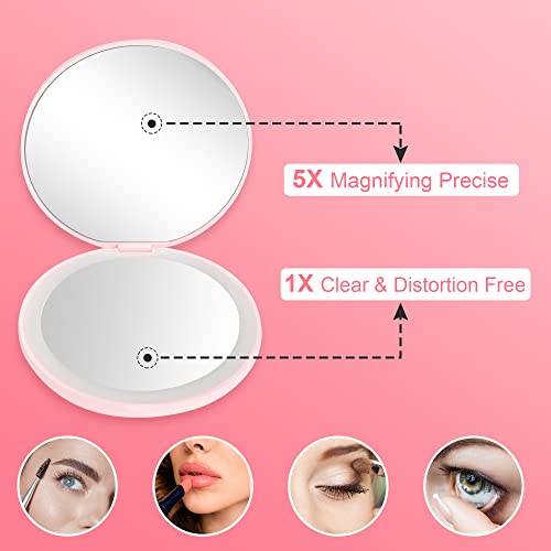 Vilsom Travel Mirror With Light,1X/5X Magnifying Compact Mirror Light 3.5-Inch Folding Makeup Mirror Portable Handheld 2-Sided Mirror Idea Gift For Women-Pink #TOP4