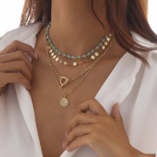 Gold Layered Necklaces for Women Boho Turquoise Stack Necklace Long Y Shape Western Necklaces Bohemian Coin Pendant Necklace For Country Concert Beach Jewelry Gift3