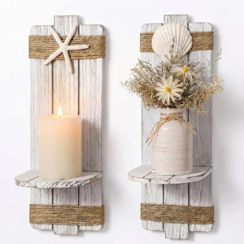 Hushee Set of 2 Beach Starfish Wall Candle Sconces Wooden Ocean Themed Wall-mount Candle Holders Seashell Coastal Farmhouse Nautical Rustic Decoration for Bathroom, Living Room, Dining Room and Office