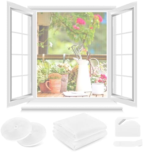 Fliegengitter Fenster ohne Bohren,150x150cm, Verdicktes Netz nicht leicht zu reißen,Insektenschutz Fenster mit Klettband+Zuschneider+Presshilfe, 2 Stück, Weiß