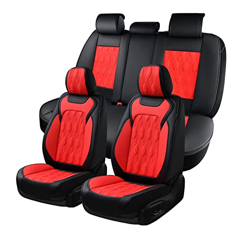 Image of Coverado Car Seat Cover Full Set, Luxury Leather Seat Covers for Front and Rear, Waterproof Seat Covers Auto Seat Cover 5 Seats, Car Seat Protectors Driver Seat Covers Universal for Most Vehicles, Red