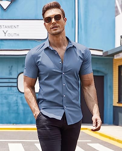 Coofandy Men's Dress Shirts Muscle Fit Wrinkle-Free Short Sleeve Casual Button Down Shirt Denim Blue #TOP2