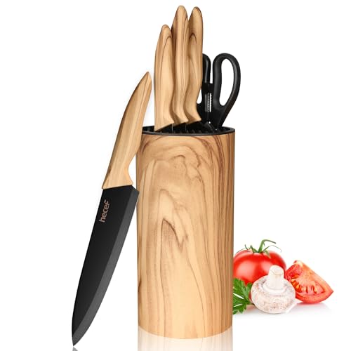 hecef 6-Teiliges Messerblock-Set – Küchenmesser aus Edelstahl Mit Universalblock, Chefmesser & Santoku, Extra Scharf, Ergonomische Griffe, Olivenholz-Maserung, für Zuhause und Geschenke