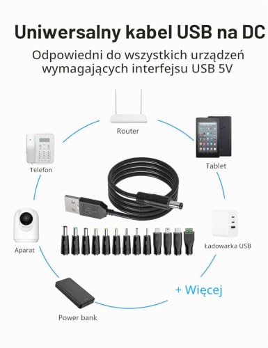 Kabel USB na DC 13 w 1, uniwersalny kabel USB A na wtyczkę wydrążoną, kabel do ładowania, kabel zasilający, kabel adaptera z 13 wtyczkami do Philips Hue Hub, aparatów, pasków LED, routerów, TV Box