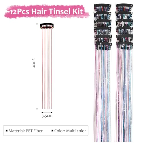 12 Pcs Hair Tinsel Kit - Multi Colour Hair Tinsel Clip In Extensions, 50cm Heat-Resistant Sparkly Hair Strands for Women and Girls, Perfect for Festivals, Christmas & New Year Parties
