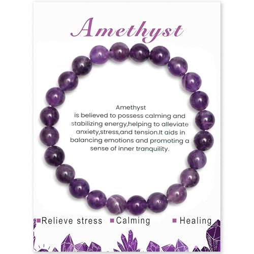 ZAULER Handmade Amethyst Crystal Bracelet for Women Men, 8mm Nature Stone Beaded Jewelry for Stress Relief