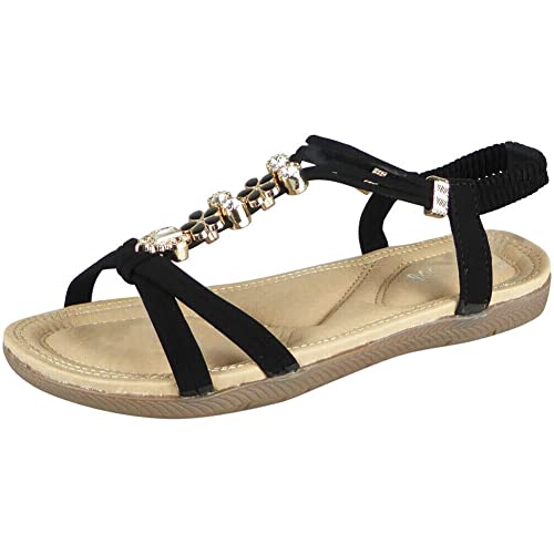 LoudLook Ladies Open Toe Elastic Strap Sandals Bling Casual Flat Summer Comfy Shoes Sizes Black 6