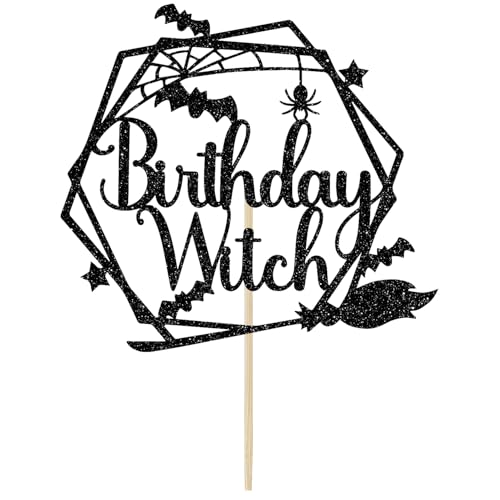 Yotawebery Birthday Witch Cake Topper, Black Glitter, 1 Count, 18 x 12cm, Halloween & Birthday Occasion