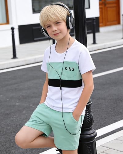 Image of OLMRJKD Boys 2 Piece Outfits Short Sleeve Colorblock T-shirt and Shorts Summer Casual Clothes for 6-12 Years