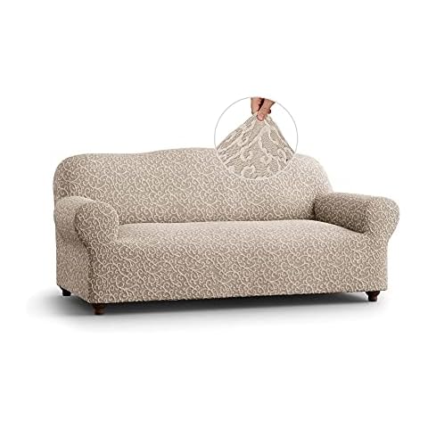 Couch Cover - Sofa Cover - Sofa Slipcover - Cotton Fabric Slipcover - 1-Piece Form Fit Stretch Stylish Furniture Cover - Jacquard 3D Collection - Beige Arabesco (3 Seater Sofa) Cover