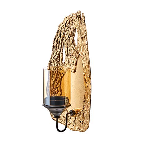 Danya B. Vivien 14" Abstract Gold Wall Candle Sconce With Glass Hurricane For 2" Pillar Candles Or Led Flameless Candles, Modern Wall Mounted Candle Holder, Gold Like Metal Finish Hanging Wall Art #TOP4