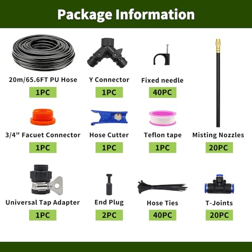 Faurvix 60FT Drip Irrigation System, Automatic Garden Watering Kit with 360° Bendable Hose & 20 Adjustable Nozzles, Water Pressure Powered Sprinkler System for Greenhouse, Lawn, Garden,Yard & Plants — view 2