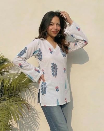 Image of ANNI Designer Women's Viscose Blend Printed Short Kurti | Ethnic Printed Tunic Top | V Neck Lace Detail | Full Sleeve Hip Length Kurta Top for Women