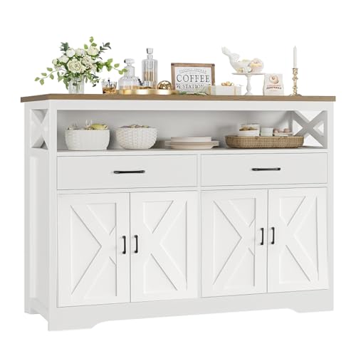 MASAJIA Aparador de Cocina Rústico Blanco 140x40x105 cm - Aparador Grande con 2 cajones y Estante Abierto, Mueble Buffet para Comedor