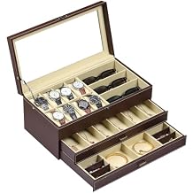 AUTOARK 3 Layer Leather 8 Watch and 3 Eyeglasses Sunglass Box with Jewelry Display Drawer Lockable Case Organizer,Mens Women Storage Holder Boxes,Glass Top,Brown,MKAW100