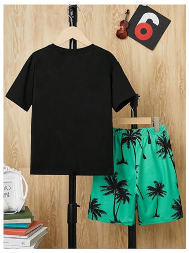 Image of SHENHE Boy's 2 Piece Set Tropical Print Short Sleeve Crewneck T Shirt and Shorts Set Vacation Outfits Black Green Leaves 10 Years