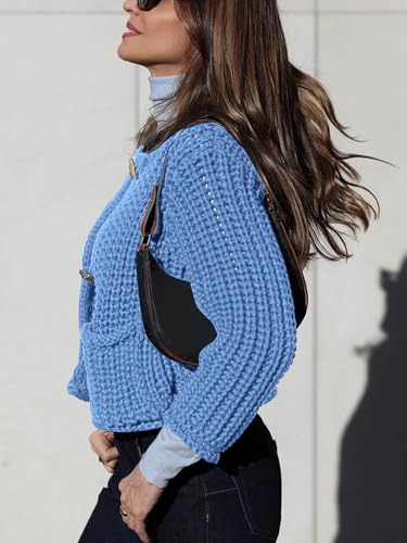 Image of YKR Chunky Knit Cardigan Sweater for Women Long Sleeve Cropped Cardigans Button Down Sweaters with Pockets