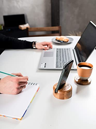 Wood Phone Holder - Natural Oak Wooden Cell Phone Stand For Desk Nightstand Home Office - Compatible With Iphone Pro Samsung Galaxy S10 S9 All Android Ios Smartphones Within 3.15 Inches (Engraved) #TOP2