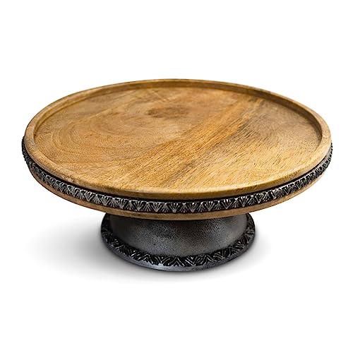 Foxglove Market Wood Cake Stand 11" With Metal Base - Pedestal Base Serving Platter #TOP1